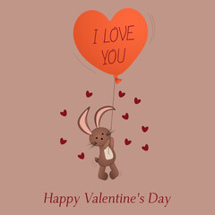 Postcard Happy Valentine's Day. Bunny in a balloon