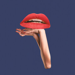 Contemporary art collage. Creative design. Red female lips, mouth leaning on hands over blue...