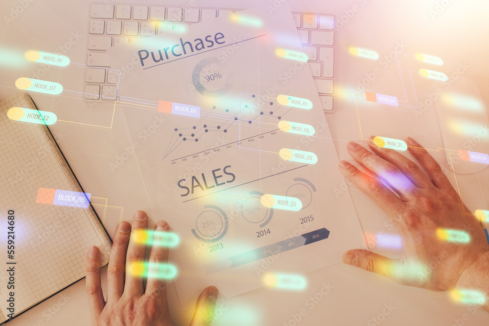 Poster man hands with data theme double exposure icons.