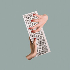 Contemporary art collage. Creative design. Female hands typing on computer keyboard. Mass media,...