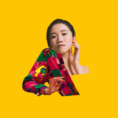 Contemporary art collage. Creative design. Stylish, young, asian girl in colorful clothes over bright yellow background