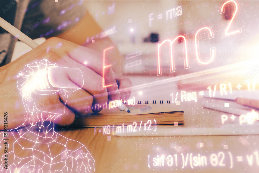 Poster student or teacher with mathematical and scientific formulas. concepts of education.