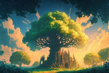 Giant world tree in fantasy concept. anime style. illustration painting. Generative AI.	