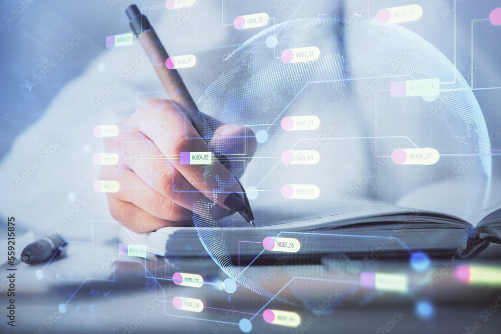 Poster Multi exposure of writing hand on background with data technology hologram. Concept of innovation.