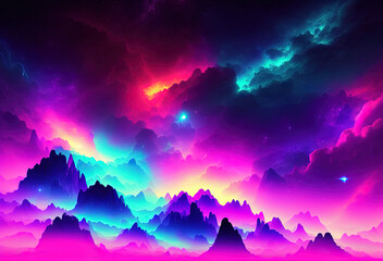 Neon color night sky art illustration. Generative AI