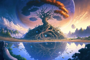 Giant world tree in fantasy concept. anime style. illustration painting. Generative AI.