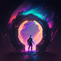 a hero in front of portal 