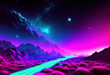 Neon color night sky art illustration. Generative AI