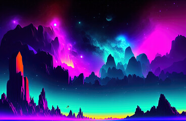 Fototapeta premium Neon color night sky art illustration. Generative AI