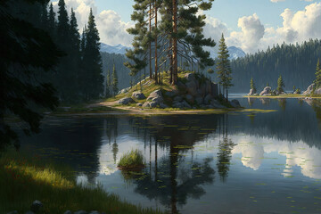spring landscape, forest, river, lake, greenery, art illustration