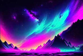Naklejka premium Neon color night sky art illustration. Generative AI