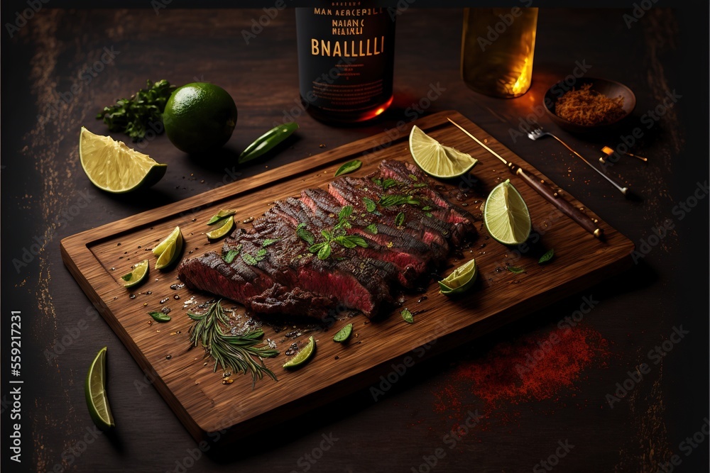 Poster  a steak is on a cutting board with limes and a bottle of booze next to it on a table with a knife and a knife and a glass of wine bottle on the table. Generative AI