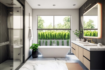 Luxury modern bathroom interior design with glass walk-in shower, spacious large minimal, Stylish vessel sink, mirror, bathtub, toilet bowl, green plants and shampoos in a hotel, apartment, or house