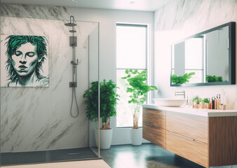 Luxury modern bathroom interior design with glass walk-in shower, spacious large minimal, Stylish vessel sink, mirror, toilet bowl, green plants and shampoos in a hotel, apartment, or house