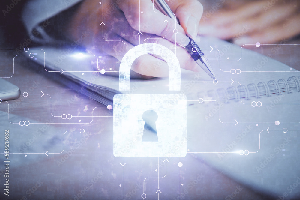 Poster double exposure of hands making notes with lock icons. concept security and protection of data