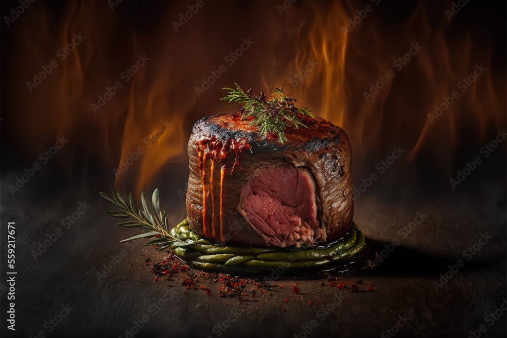 Aufkleber a piece of meat on a plate with a sprig of rosemary on top of it and a flame in the background behin