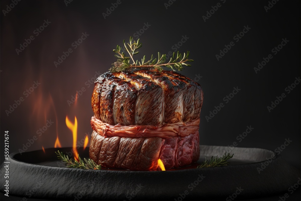 Poster a large piece of meat on a plate with a fire in the background and a black background with a black b
