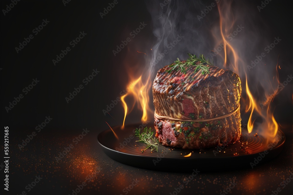 Poster a steak on a plate with flames in the background and a black plate with a steak on it on a black sur