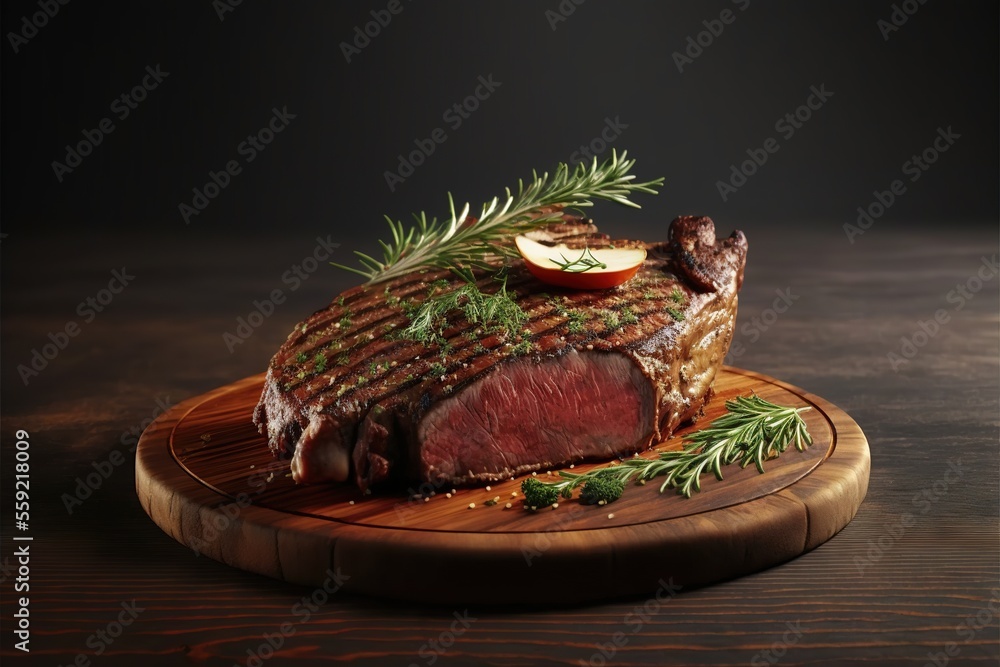 Poster a steak with a garnish of herbs and an apple on a wooden board on a table with a dark background and