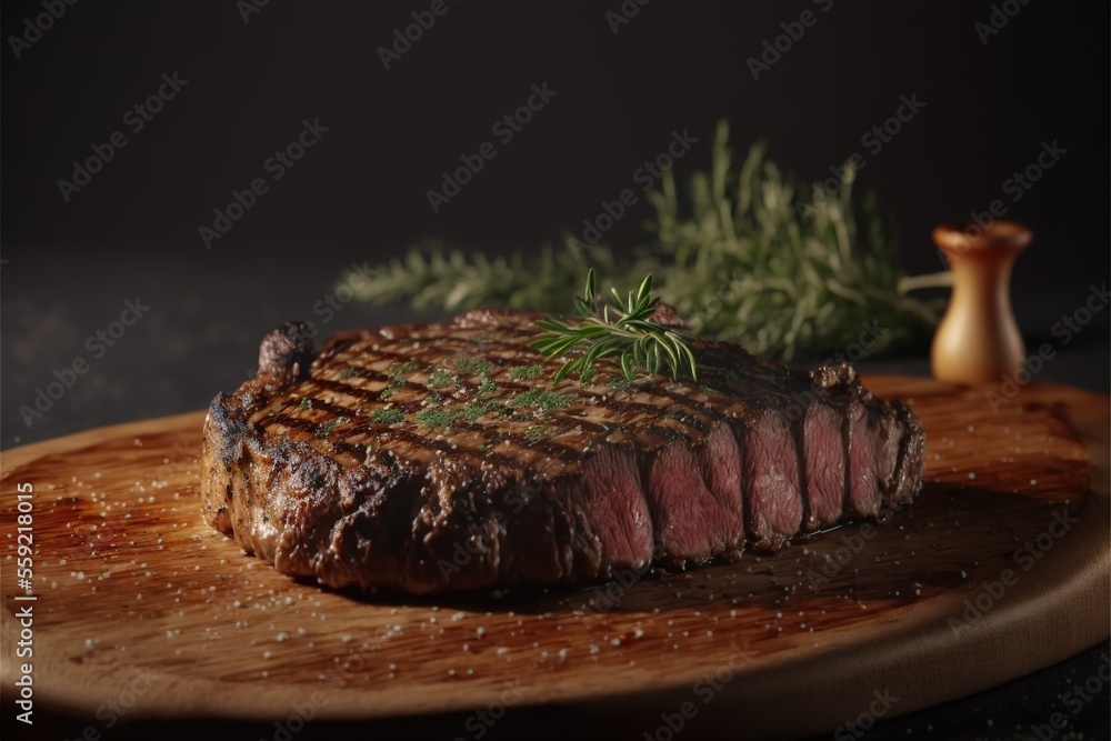 Poster a steak on a cutting board with a sprig of rosemary on top of it and a small bottle of wine in the b
