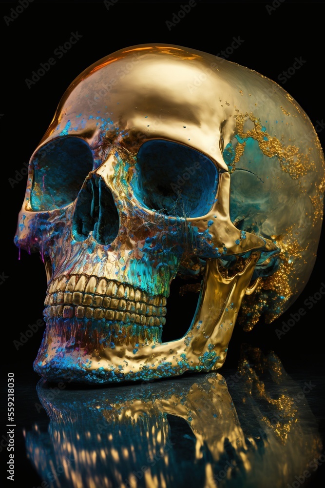 Poster a gold colored skull with blue eyes and a black background with a reflection of its face on the grou