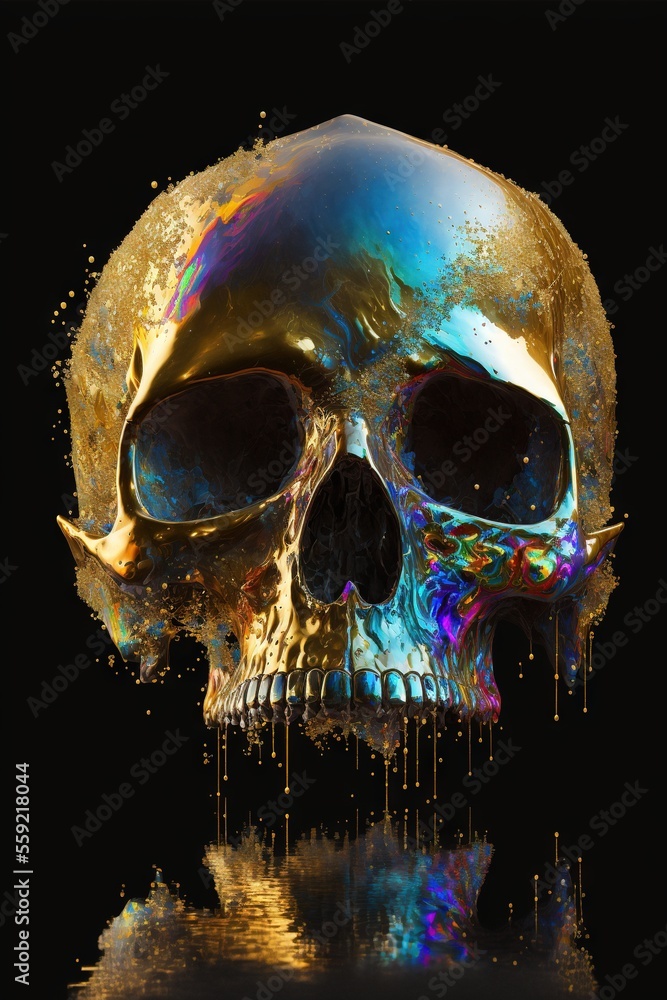 Poster a skull with a liquid splash on it's face and a black background with a reflection of the skull in t