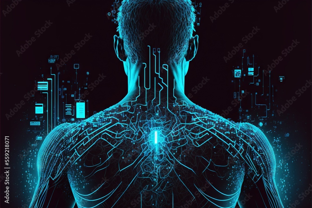 Poster a man's back with a circuit board pattern on it's body and a neon light in the middle of the back of