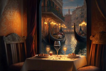 a painting of a gondola in venice at night with a table with two glasses of wine and a plate of food on it with a gondola in front of gondola. Generative AI - obrazy, fototapety, plakaty