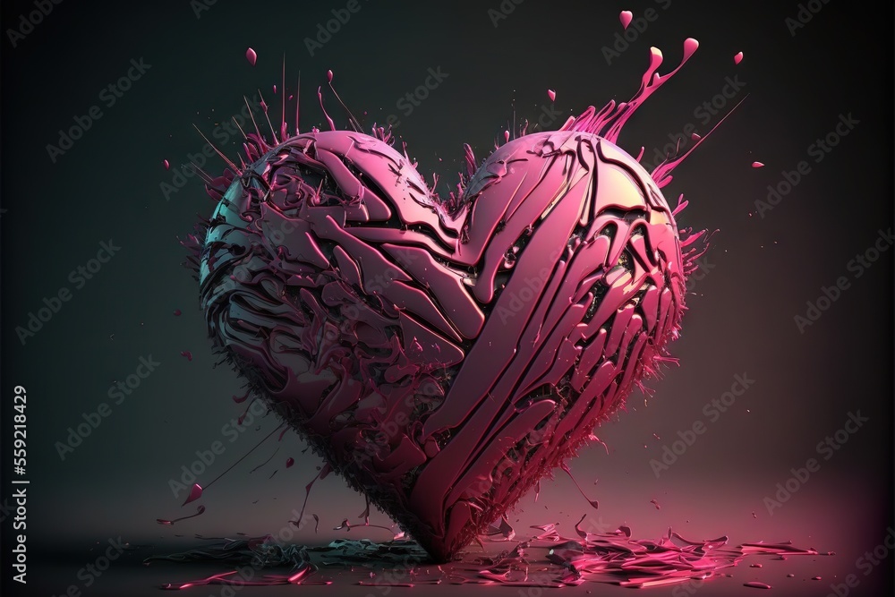 Poster a heart shaped object with a lot of paint splattered on it's surface and a black background with a p