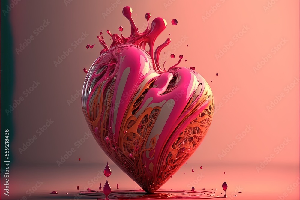 Poster a heart shaped object with a liquid splashing out of it's center and a pink background behind it, wi