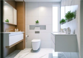 Fototapeta na wymiar Luxury modern bathroom interior design with glass walk-in shower, spacious large minimal, Stylish vessel sink, mirror, toilet bowl, green plants and shampoos in a hotel, apartment, or house