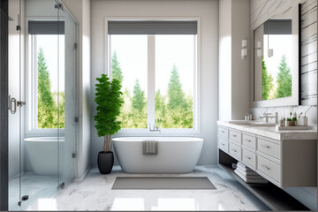 Fototapeta premium Luxury modern bathroom interior design with glass walk-in shower, spacious large minimal, Stylish vessel sink, mirror, bathtub, toilet bowl, green plants and shampoos in a hotel, apartment, or house