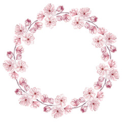 Fototapeta na wymiar Watercolor Cherry Frame . Sakura Blossom Wedding Wreath.