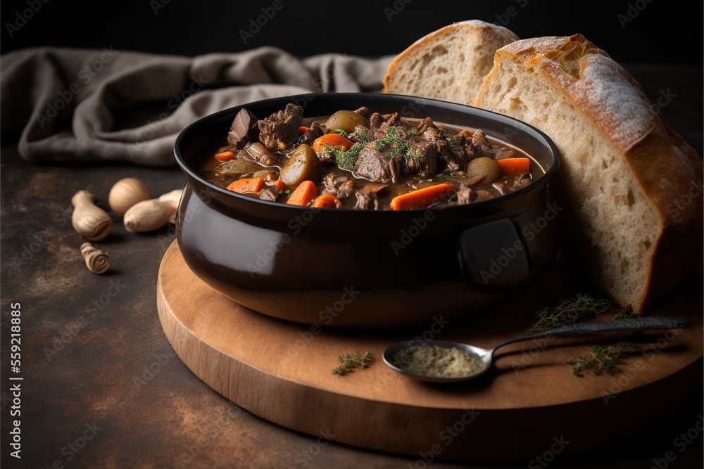 Aufkleber a bowl of stew with a slice of bread on a cutting board next to it and a spoon on the side of the bo