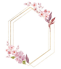 Watercolor Cherry Frame with Gold. Sakura Blossom Wedding Border.