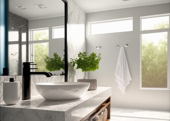 Luxury modern bathroom interior design with glass walk-in shower, spacious large minimal, Stylish vessel sink, mirror, bathtub, toilet bowl, green plants and shampoos in a hotel, apartment, or house