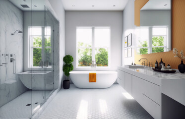 Luxury modern bathroom interior design with glass walk-in shower, spacious large minimal, Stylish vessel sink, mirror, bathtub, toilet bowl, green plants and shampoos in a hotel, apartment, or house