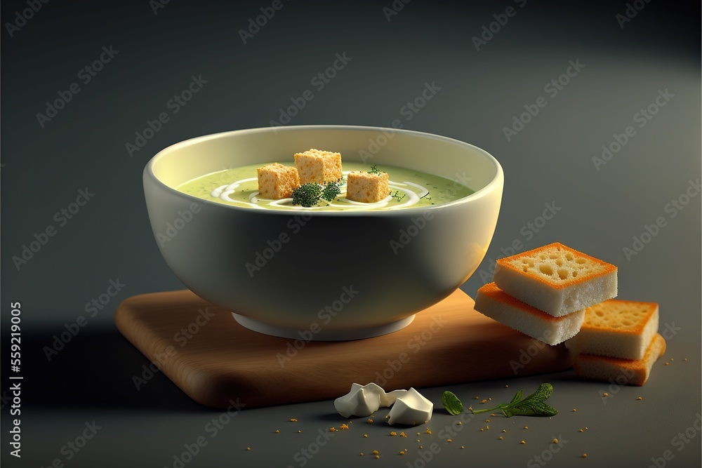 Poster a bowl of soup with bread and a piece of bread on a cutting board next to it on a gray background wi