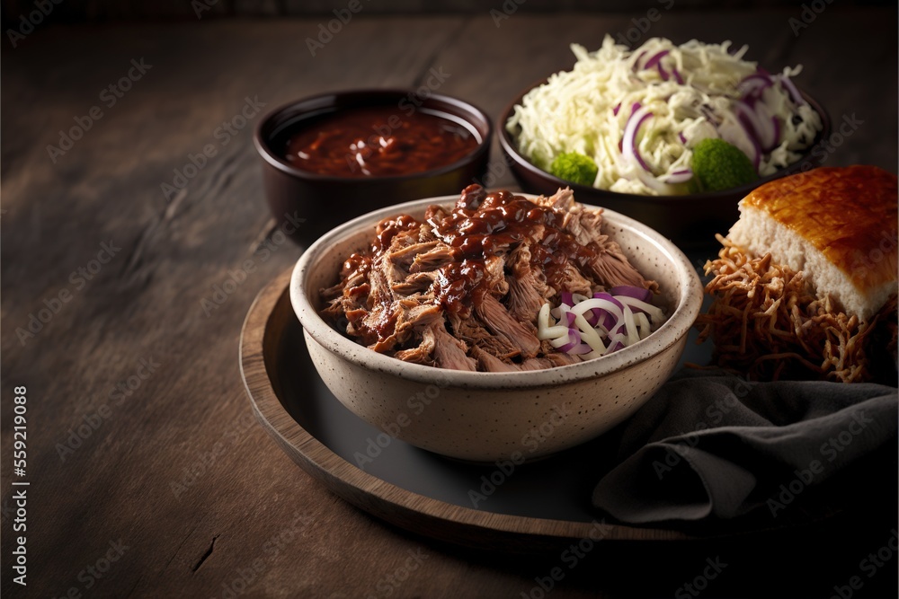 Poster a bowl of meat and coleslaw on a plate with a roll and a bowl of coleslaw on a plate with a napkin a