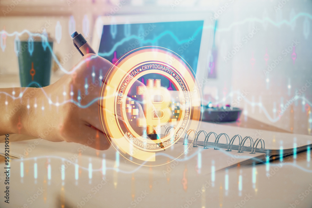 Poster cryptocurrency hologram, bitcoin, ico theme over hands taking notes background. concept of blockchai