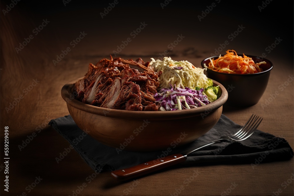 Aufkleber a bowl of shredded meat and a bowl of coleslaw on a table with a fork and a napkin on it with a fork