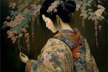 a painting of a woman in a kimono holding a branch of flowers in her hand and a bird in her hand, with a dark background of flowers and leaves and branches, and branches.