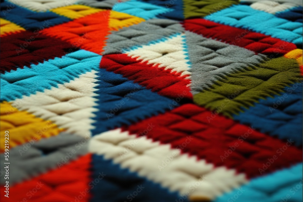 Poster a colorful quilt with a diamond pattern on it's side and a black background with a white border and 