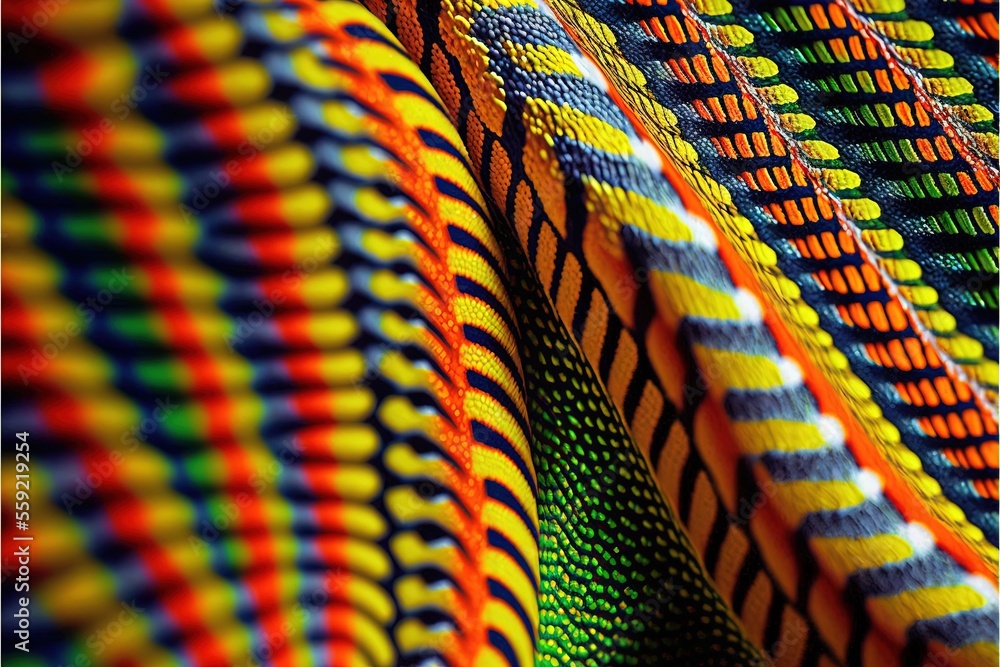 Poster a close up of a colorful cloth with a pattern on it's side and a black background with a white borde