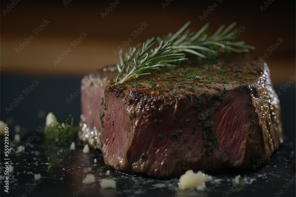 Poster a piece of steak with a sprig of rosemary on top of it on a black surface with a wooden table in the
