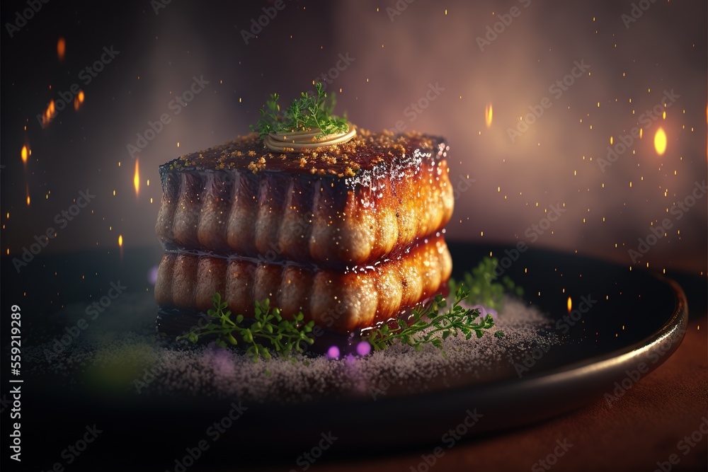 Poster a plate with a dessert on it on a table with a candle and some lights in the background and a small 