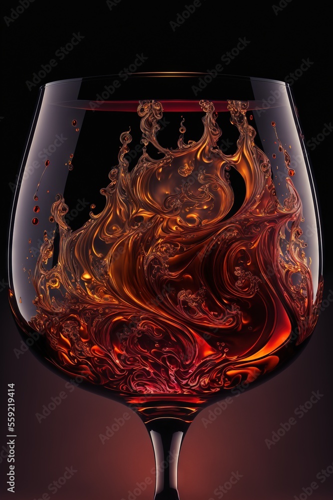 Poster a glass of wine with a liquid swirl inside of it on a black background with a red light in the middl