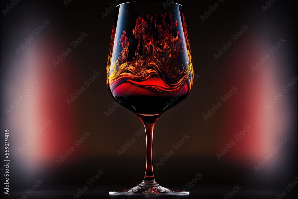 Poster a wine glass with a red liquid inside of it on a black background with a red light behind it and a r