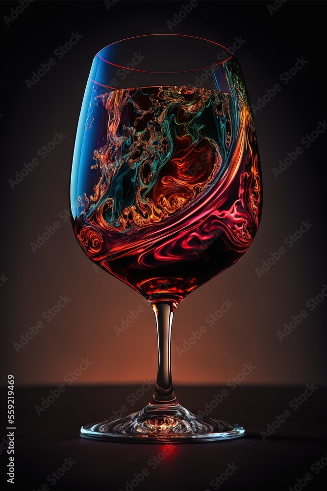 Poster a glass of wine with a colorful swirl inside of it on a table top with a black background and a red 