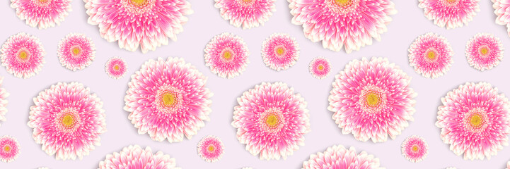 Banner with pattern made of pink gerbera flower on a blue pastel background.